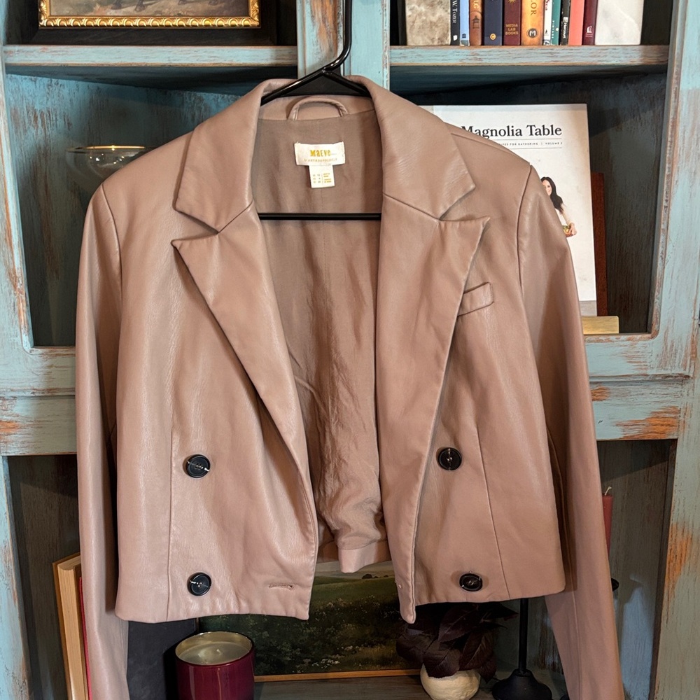 Anthro Maeve crop jacket vegan leather taupe